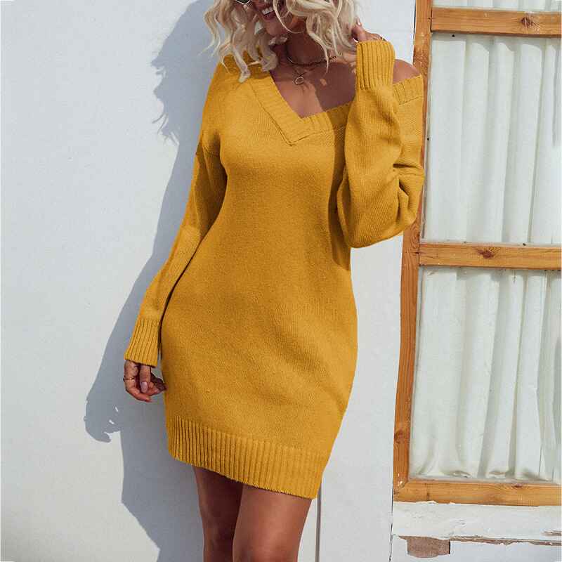    Yellow-Womens-V-Neck-Long-Sleeve-Bodycon-Mini-Sweater-Dress-Fall-Off-Shoulder-Ribbed-Knit-Wrap-Short-Dresses-K275-front