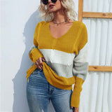 Yellow-Womens-V-Neck-Sweater-Long-Sleeve-Oversized-Cable-Knit-Pullover-Jumper-Tops-K257