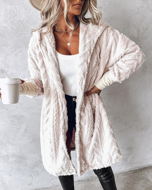 Fuzzy Textured Hooded Longline Fleece Coat