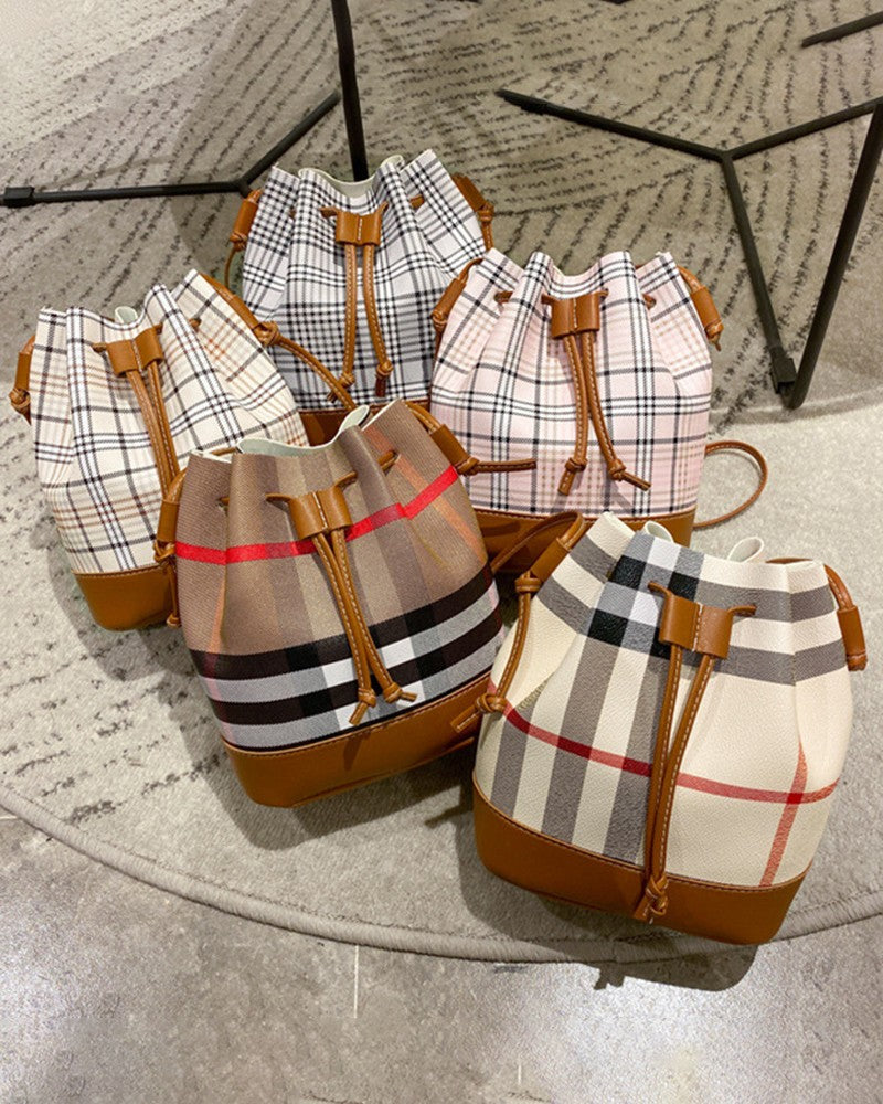 Plaid Print Drawstring Bucket Bag