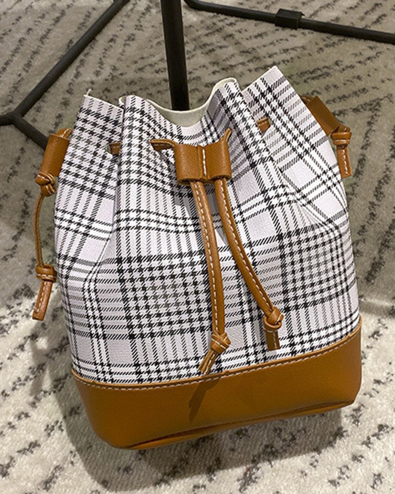 Plaid Print Drawstring Bucket Bag
