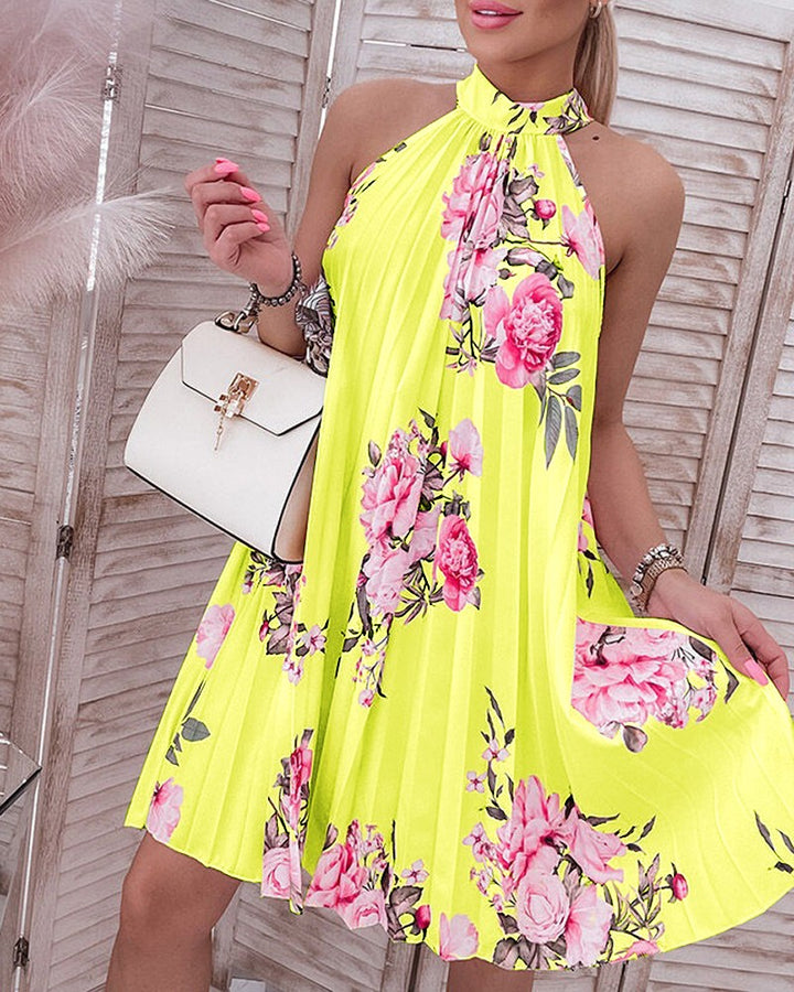 Floral Print Halter Casual Pleated Dress