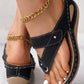 Hollow Out Studded Toe Post Wedge Slippers