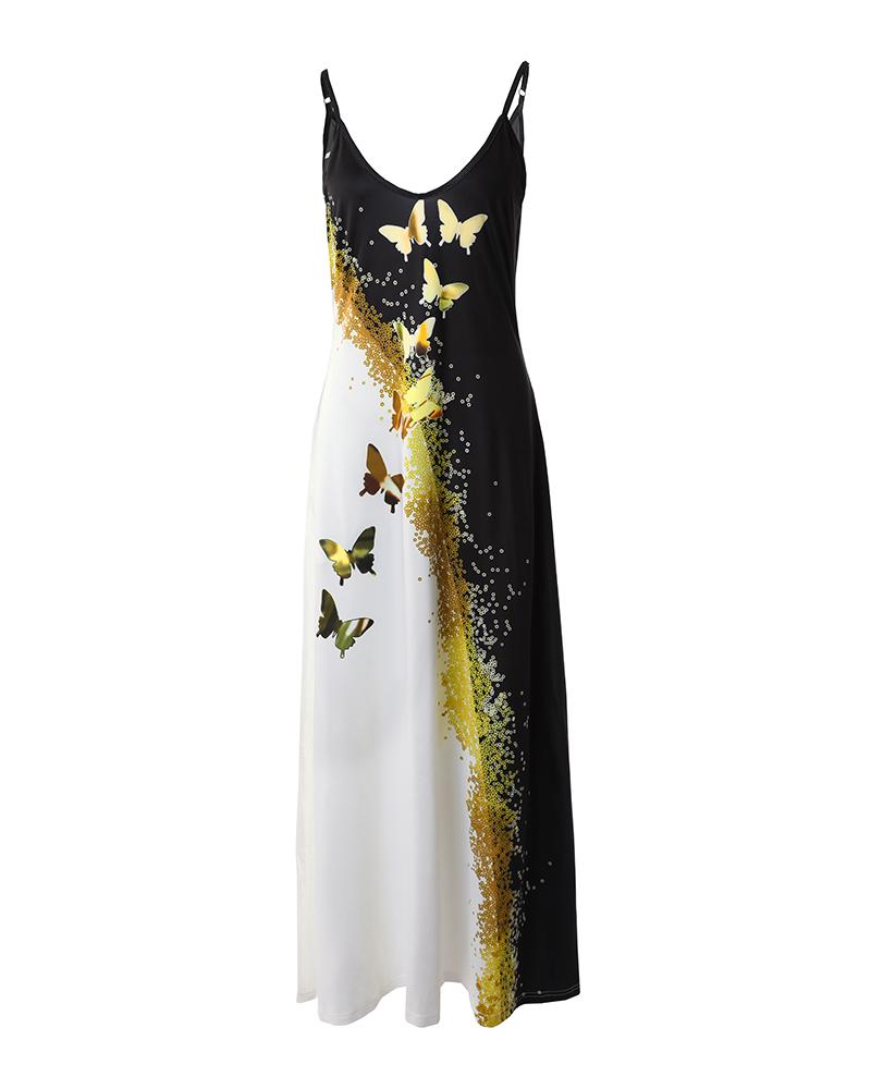 Butterfly Print Colorblock Spaghetti Strap Maxi Dress