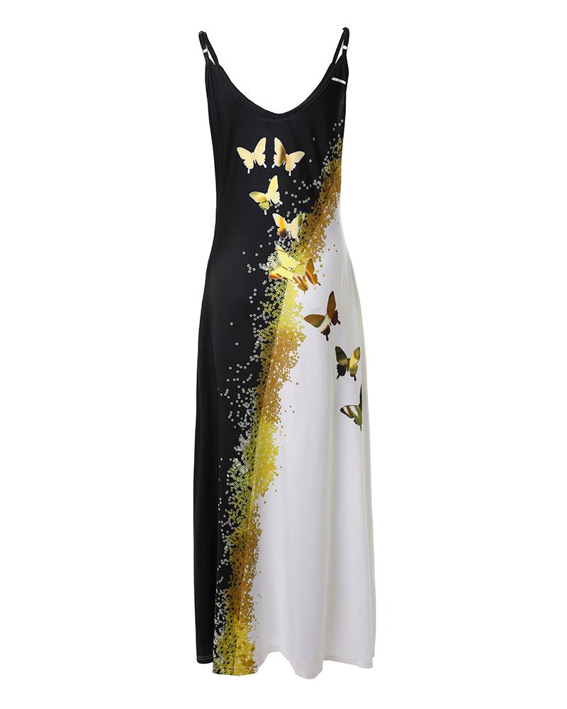 Butterfly Print Colorblock Spaghetti Strap Maxi Dress