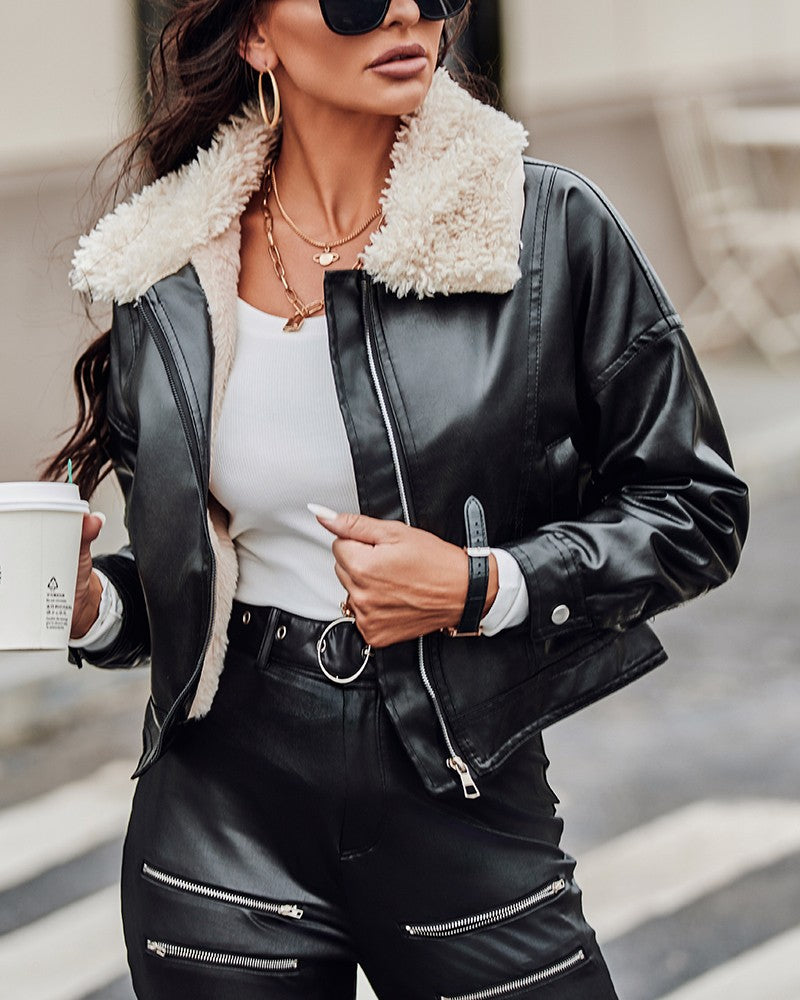 Pocket Design Lined PU Leather Jacket