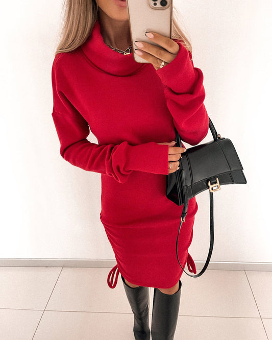 Drawstring Ruched Turtleneck Long Sleeve Dress