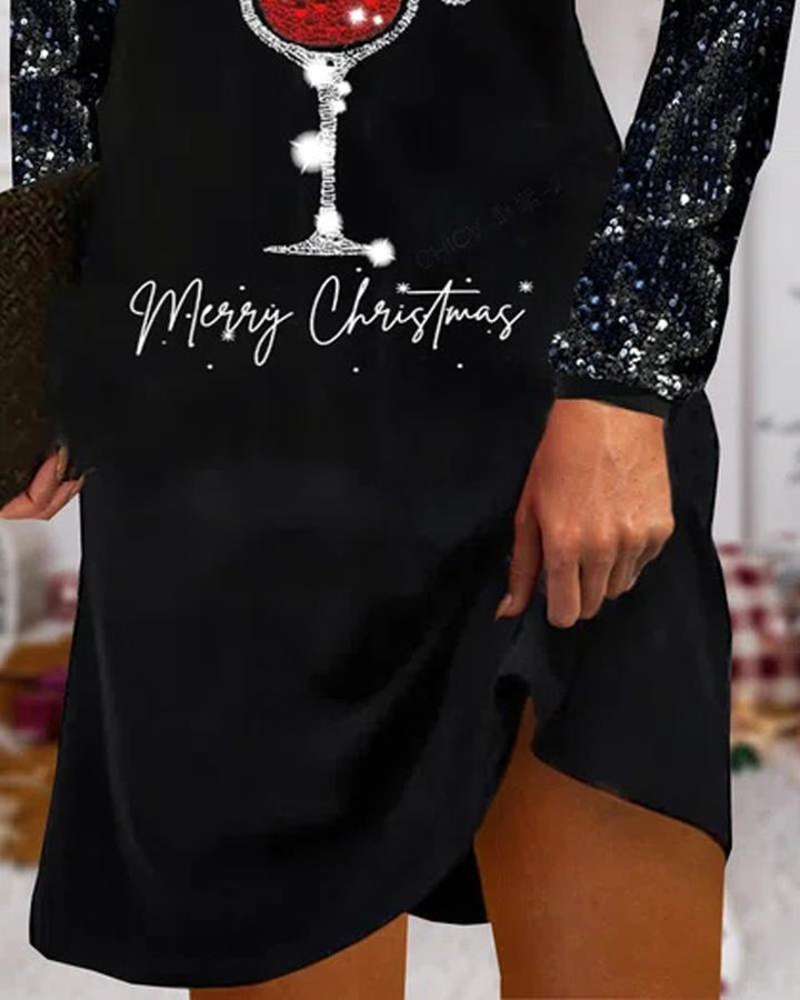 Christmas Wine Glass Print Long Sleeve Casual Dress
