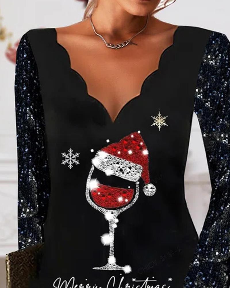 Christmas Wine Glass Print Long Sleeve Casual Dress