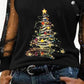 Christmas Tree Print Glitter Sheer Mesh Long Sleeve Top