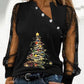 Christmas Tree Print Glitter Sheer Mesh Long Sleeve Top