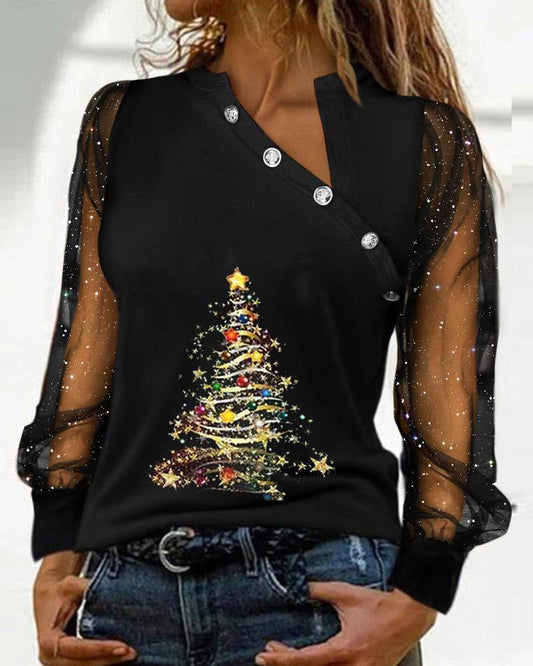 Christmas Tree Print Glitter Sheer Mesh Long Sleeve Top
