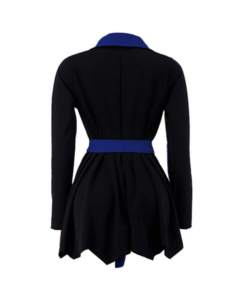 Colorblock Asymmetrical Hem Double Breasted Belted Coat