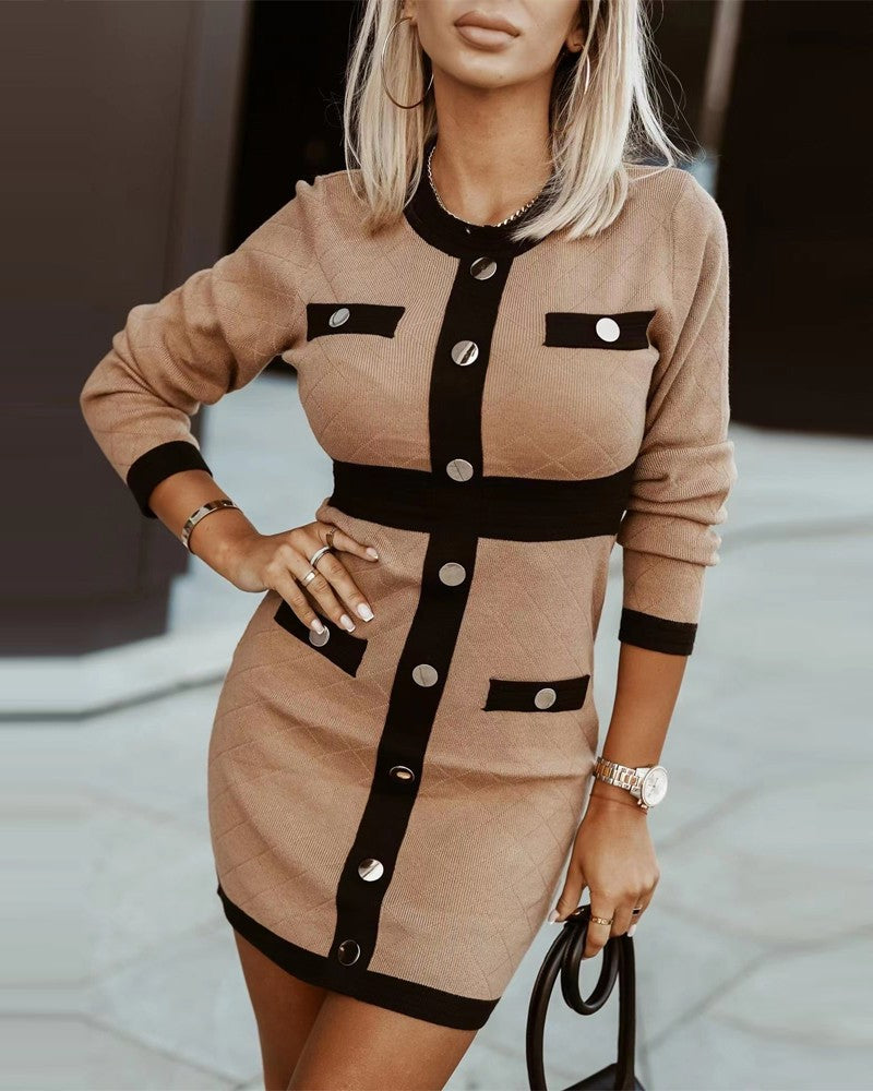 Contrast Paneled Long Sleeve Work Dress