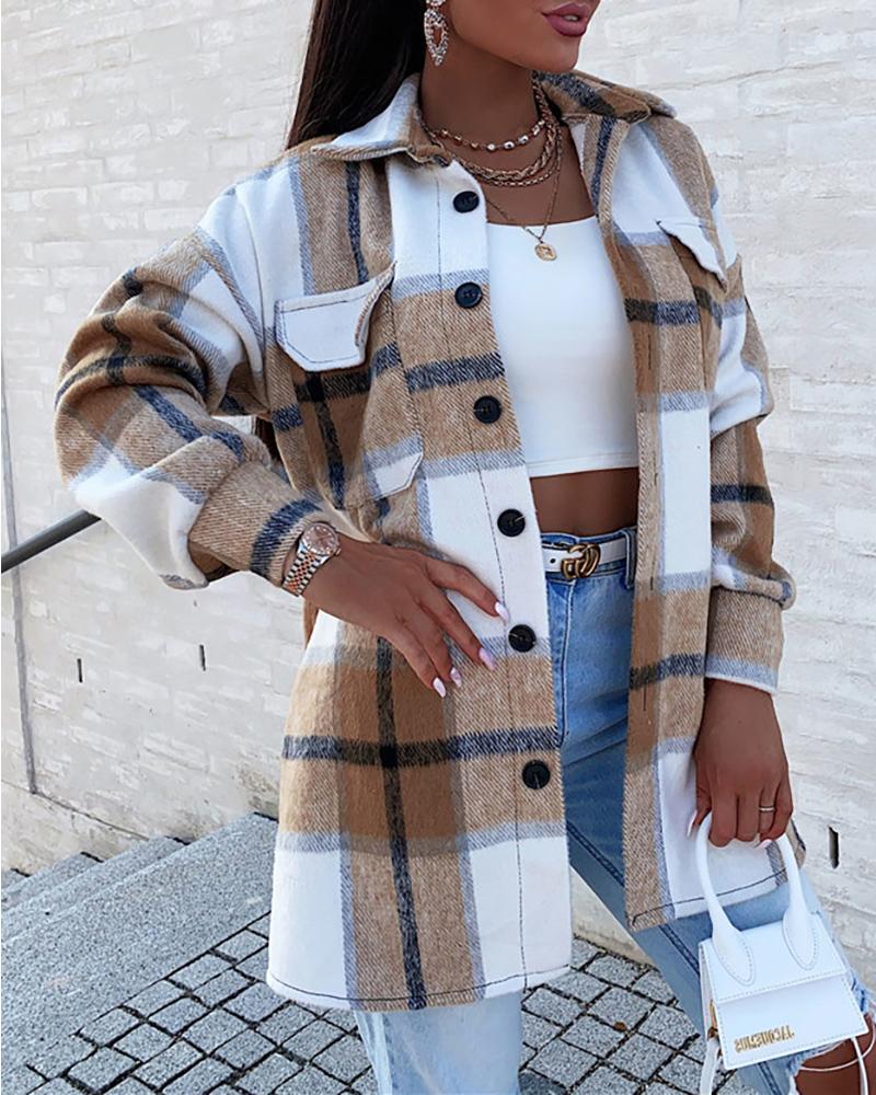 Plaid Print Pocket Button Design Long Sleeve Shacket