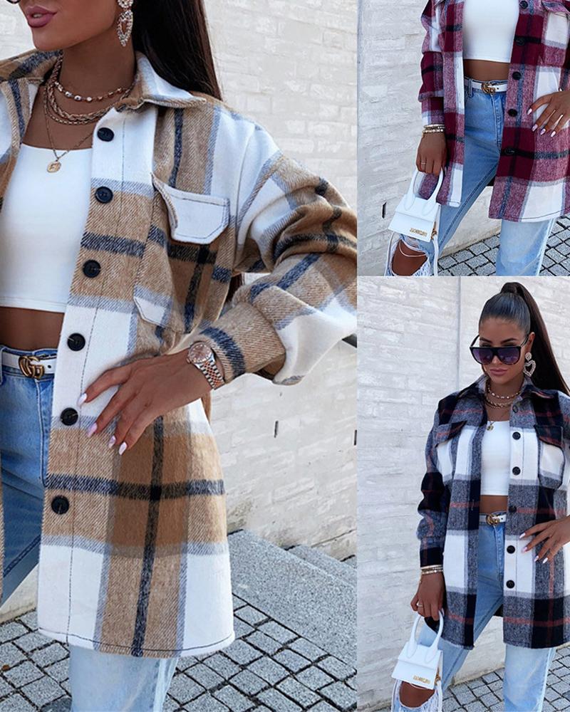 Plaid Print Pocket Button Design Long Sleeve Shacket