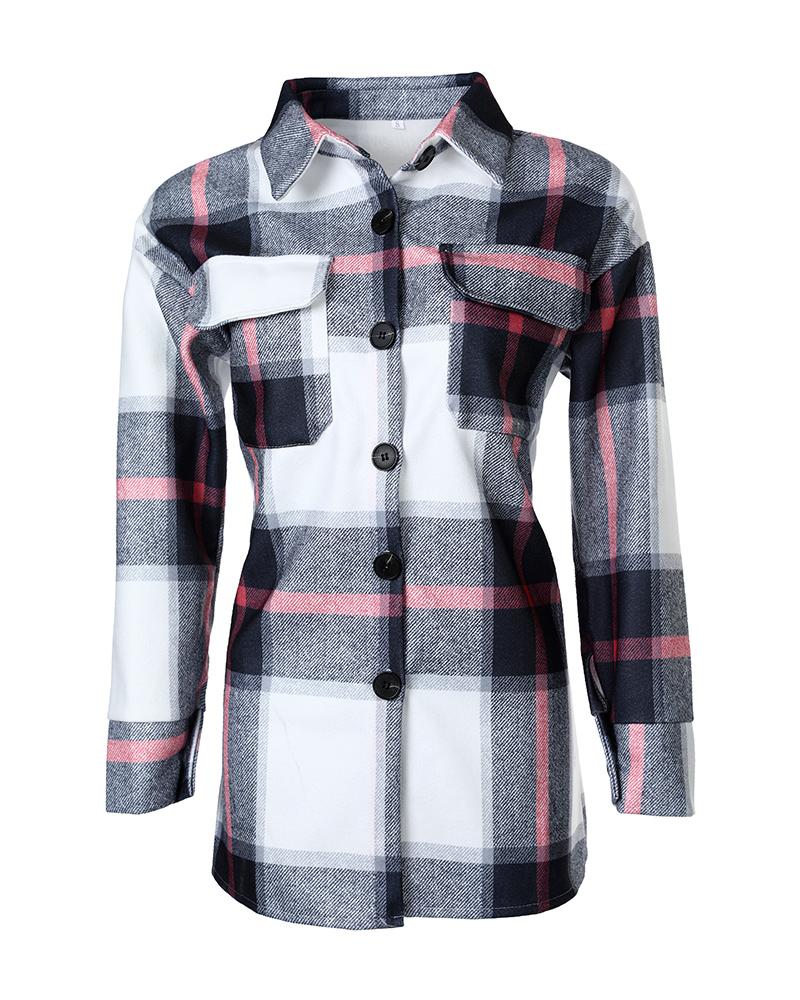 Plaid Print Pocket Button Design Long Sleeve Shacket