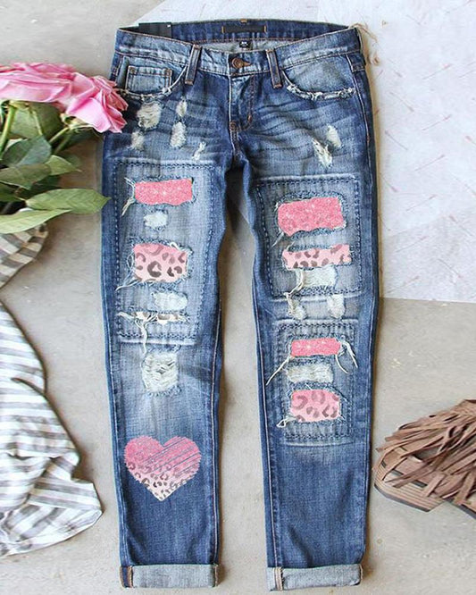 Leopard Heart Print Zip Fly Ripped Jeans