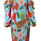 Tropical Print Puff Sleeve Shirred Dress