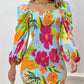 Tropical Print Puff Sleeve Shirred Dress