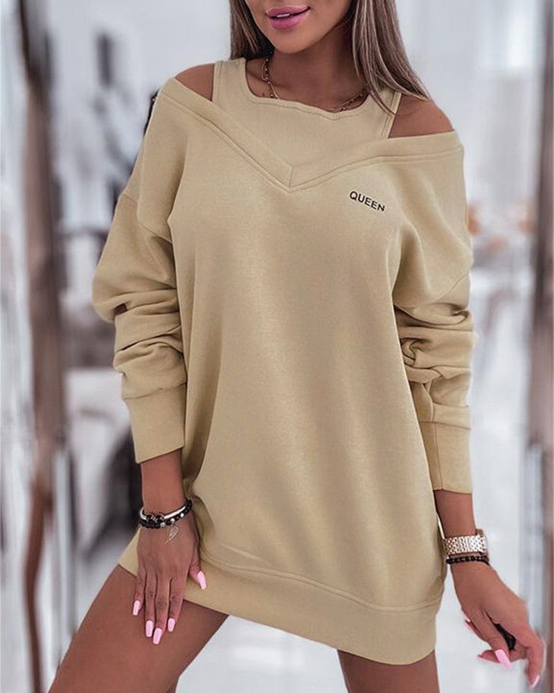 Queen Print Fake Two Piece Long Sleeve Casual Dress