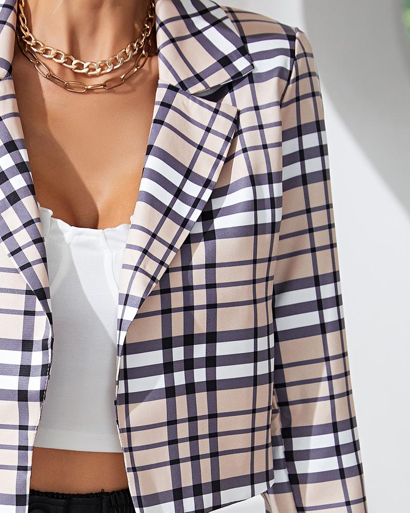 Plaid Print Long Sleeve Crop Blazer