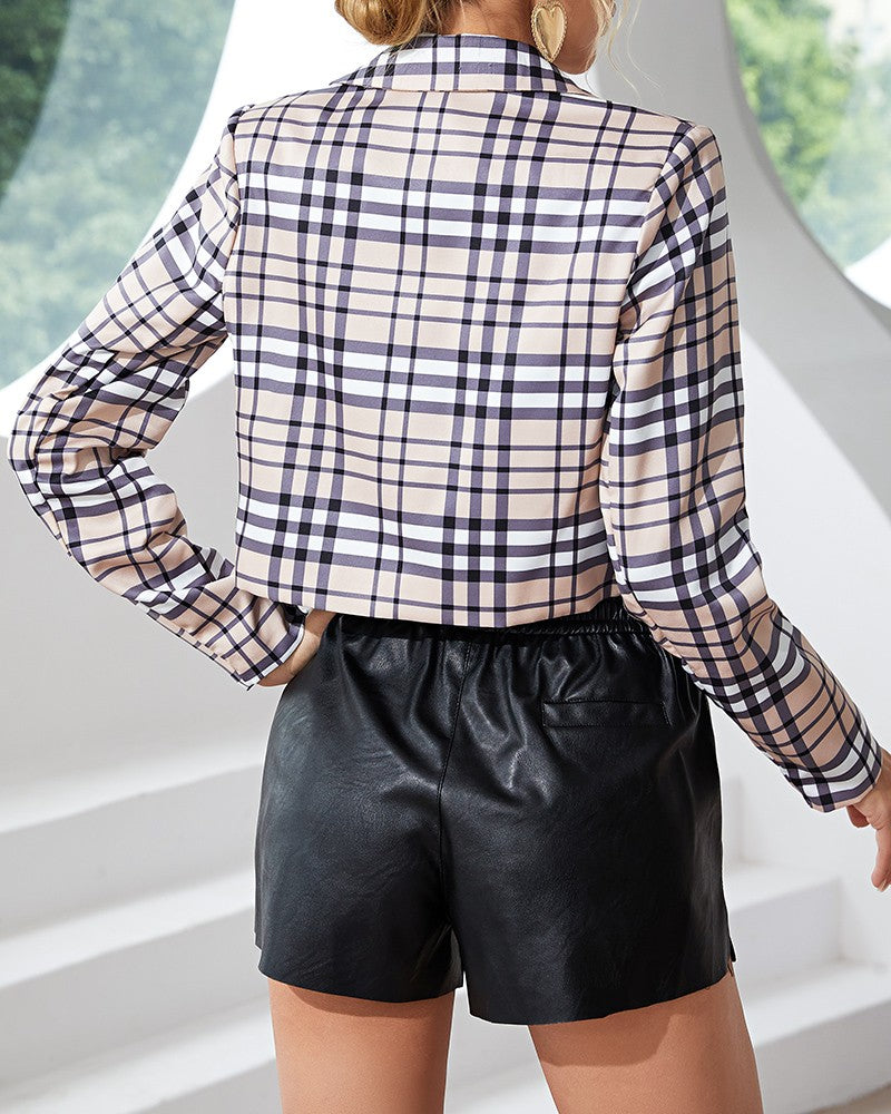 Plaid Print Long Sleeve Crop Blazer