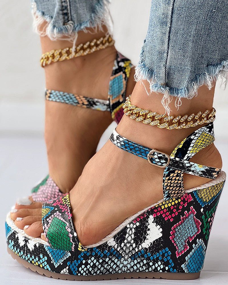 Snakeskin Ankle Strap Wedge Sandals