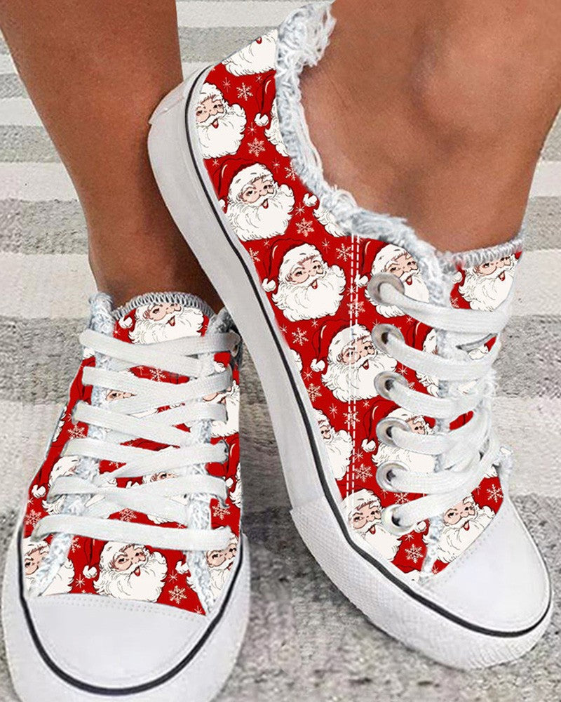 Christmas Snowflake Santa Claus Print Lace up Sneakers