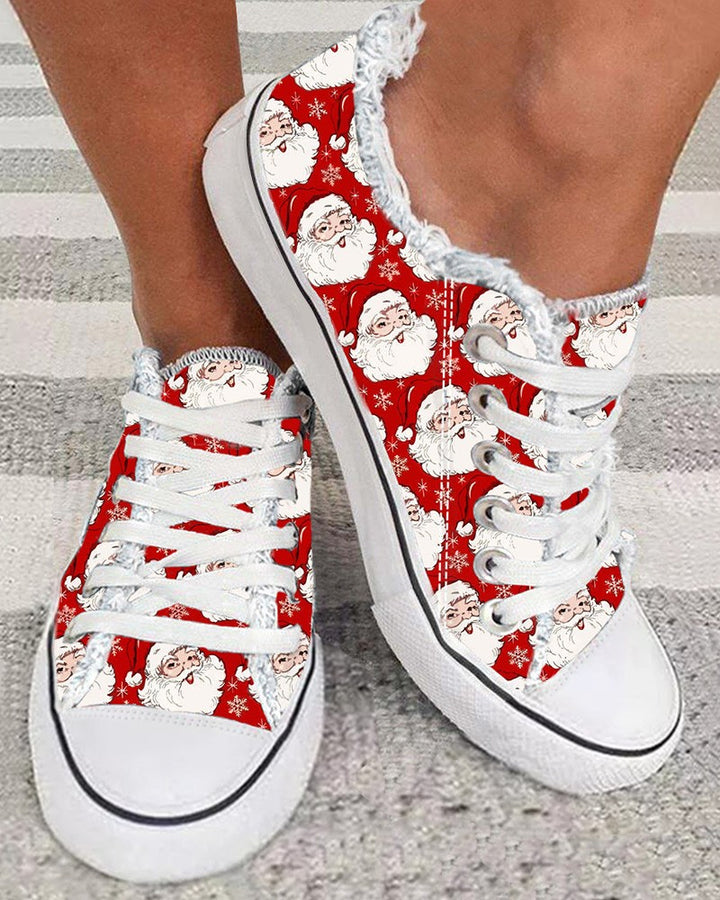 Christmas Snowflake Santa Claus Print Lace up Sneakers