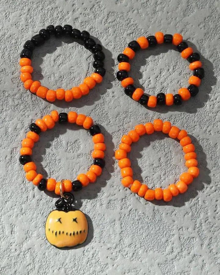 4pcs Halloween Beaded Pumpkin Pattern Ring Set
