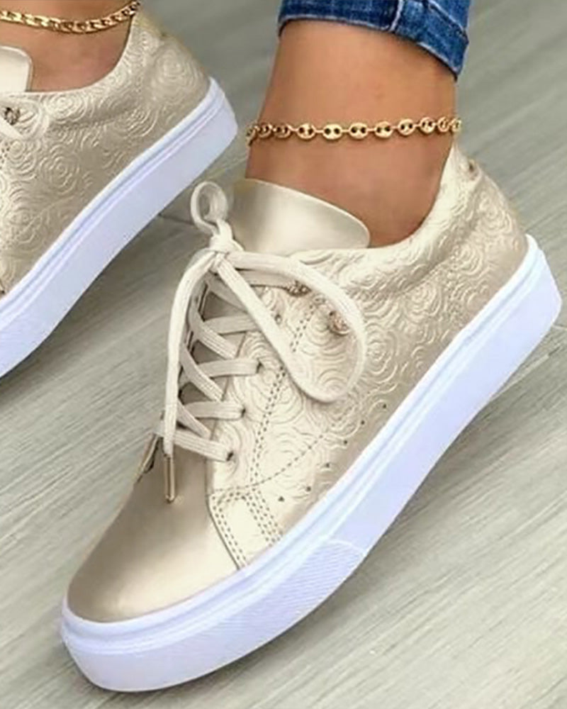 Floral Pattern Lace up Eyelet Sneakers