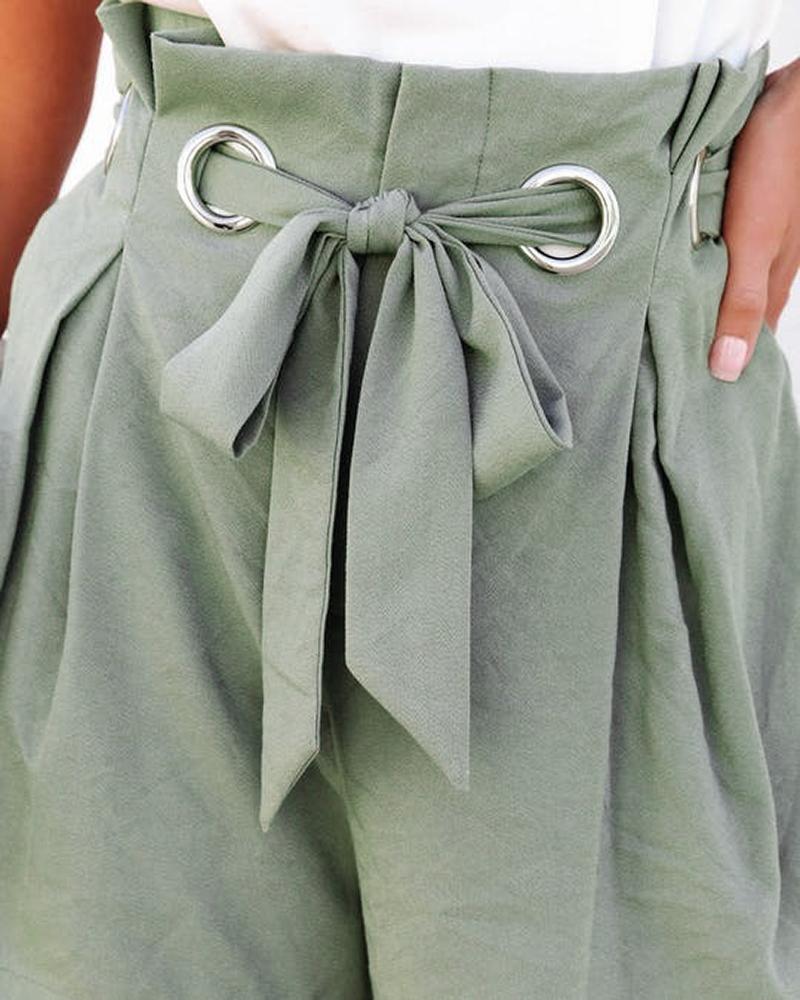 Ruched High Waist Eyelet Tied Detail Shorts