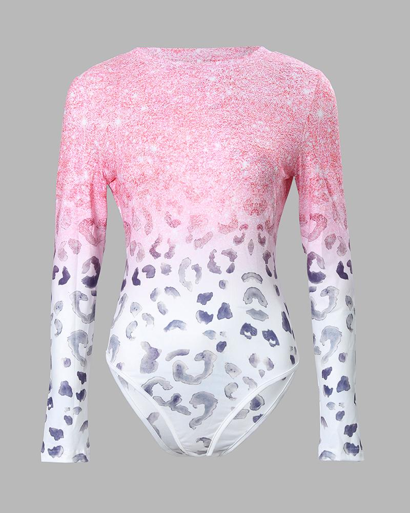 Valentine's Day Leopard Print Long Sleeve Skinny Bodysuit