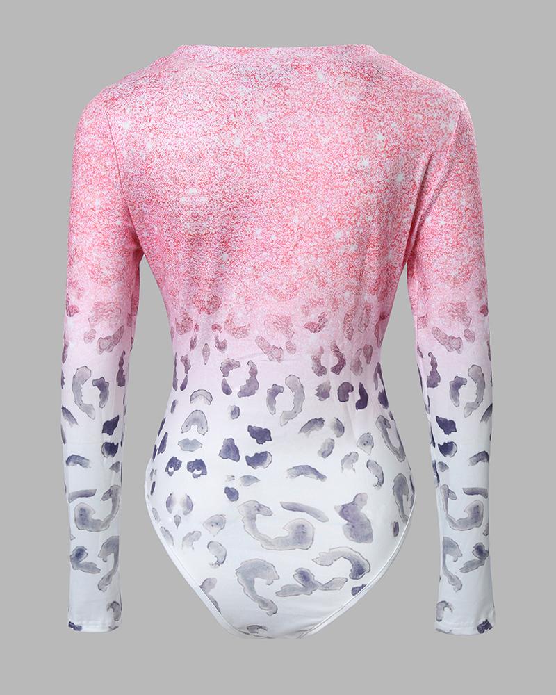 Valentine's Day Leopard Print Long Sleeve Skinny Bodysuit