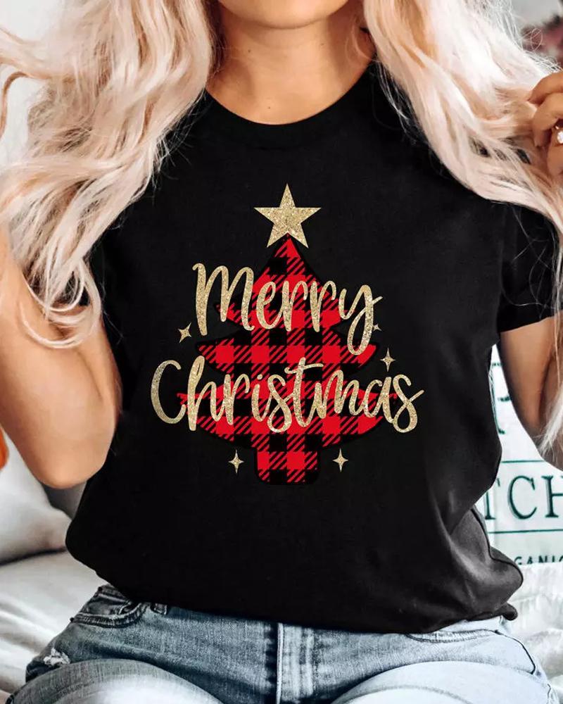 Christmas Plaid Tree Letter Print Casual T shirt