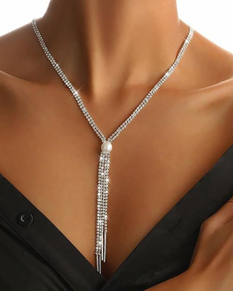 Rhinestone Tassel Design Pearl Pendant Necklace