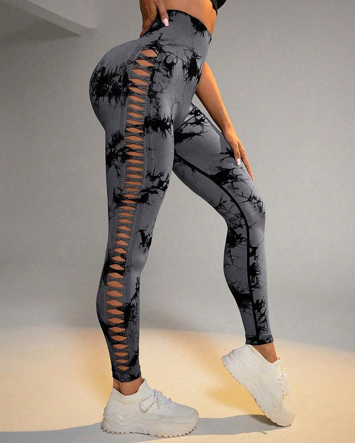 Tie Dye Print Ladder Cutout Sports Yoga Leggings