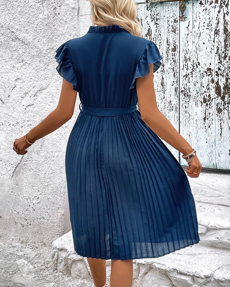 Flutter Sleeve Tied Detail Pleated Casual Dress