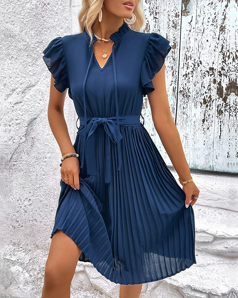 Flutter Sleeve Tied Detail Pleated Casual Dress