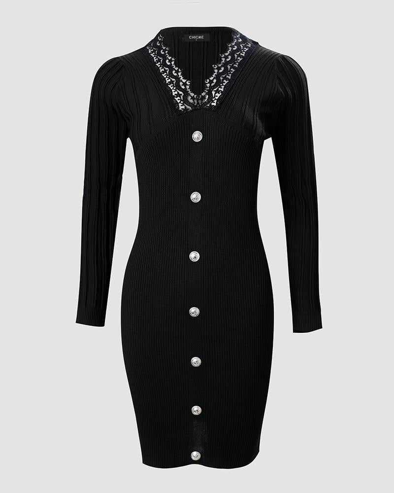 Contrast Lace Button Decor Bodycon Dress