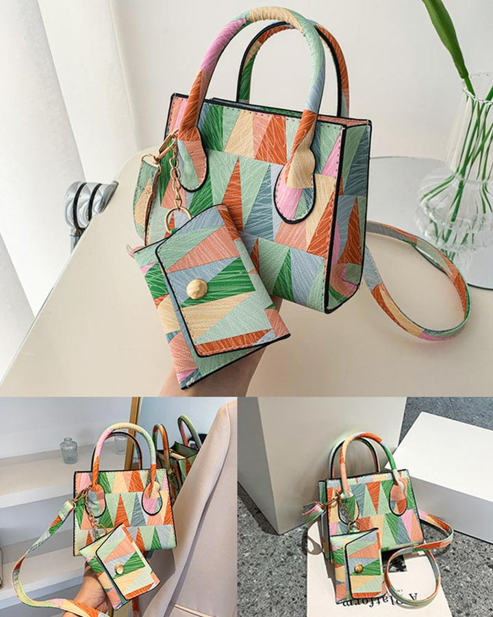 Geometric Colorblock Satchel Bag With Inner Pouch