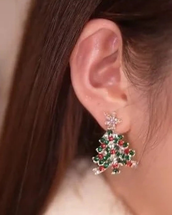 1Pair Rhinestone Decor Christmas Tree Shaped Earrings