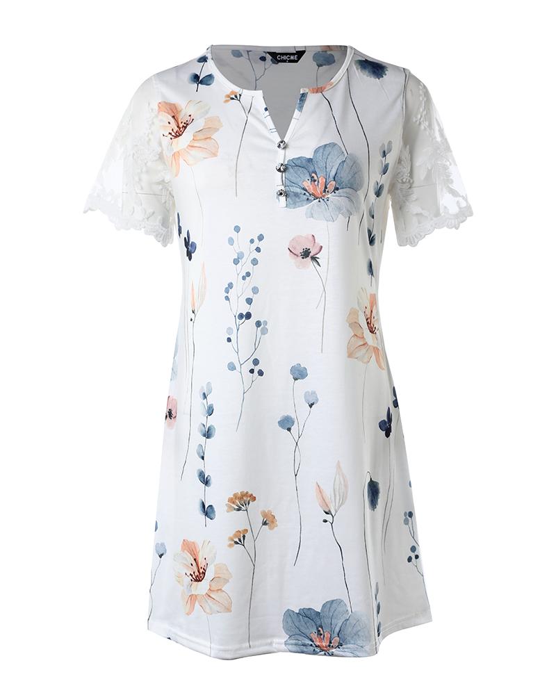Floral Print Lace Patch Casual Dress