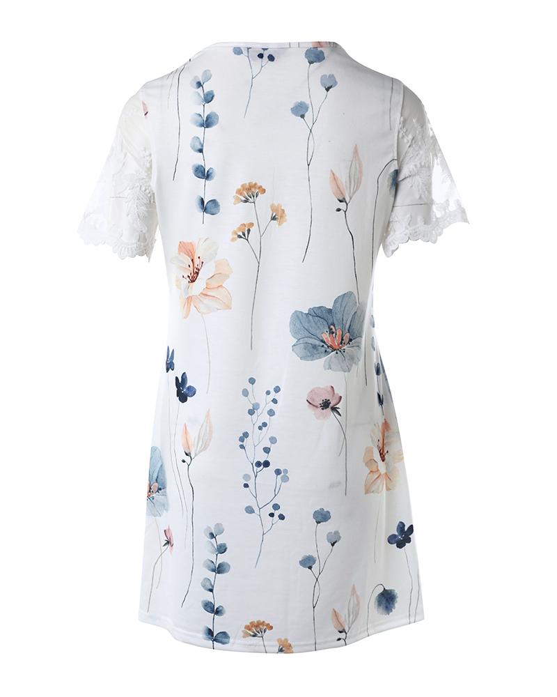 Floral Print Lace Patch Casual Dress