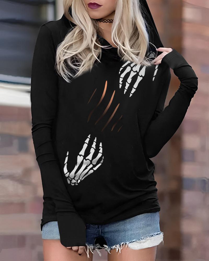 Halloween Skeleton Hands Print Long Sleeve Hoodie