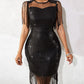 Sheer Mesh Patch Tassel Design Sequin Dress