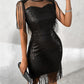 Sheer Mesh Patch Tassel Design Sequin Dress