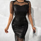 Sheer Mesh Patch Tassel Design Sequin Dress