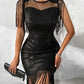 Sheer Mesh Patch Tassel Design Sequin Dress